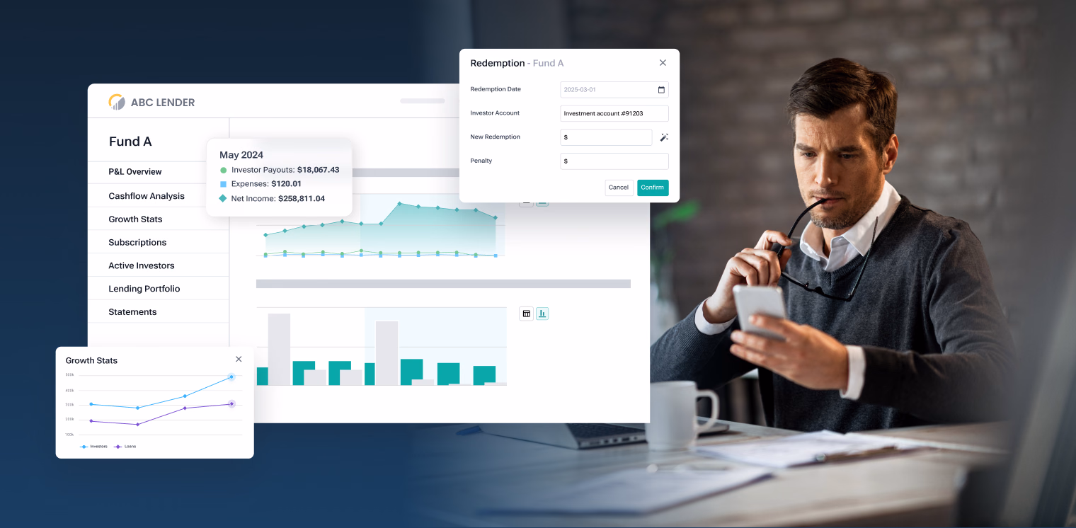 A businessman looks at his phone while overlayed financial software displays charts and a redemption request form for ABC Lender.