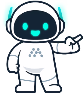 cute mascot robot Morty pointing at something