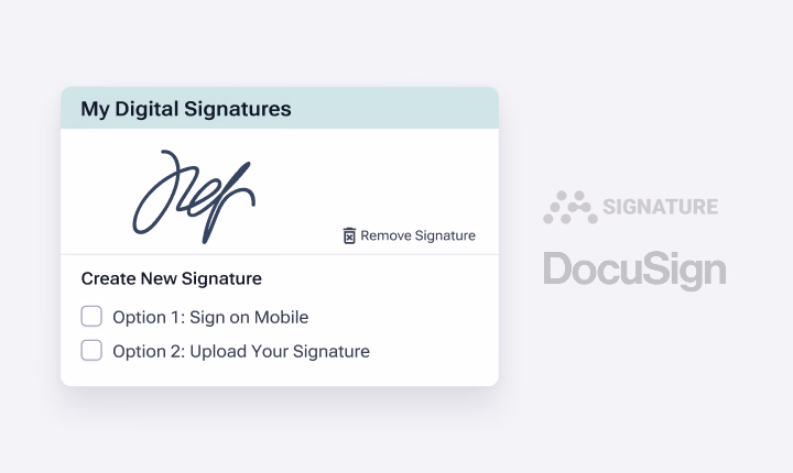 A DocuSign "My Digital Signatures" interface displays a saved handwritten signature with options to sign on mobile or upload a new signature.