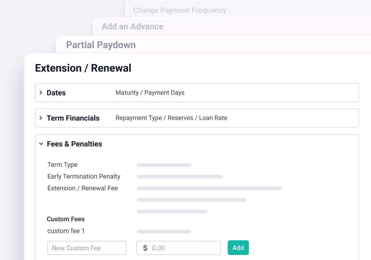Loan extension and renewal management interface displaying options for adjusting maturity dates, repayment types, reserves, and loan rates. The system automates fee and penalty calculations, including early termination penalties and extension fees, with the ability to add custom charges. Designed to streamline loan modifications for lenders and financial institutions.