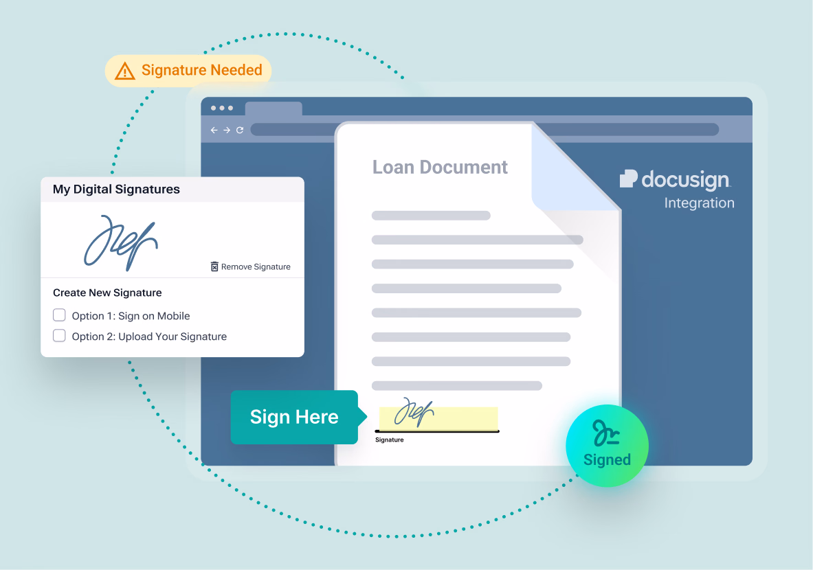 A digital interface demonstrating a DocuSign integration where a user manages and applies their signature to a loan document.
