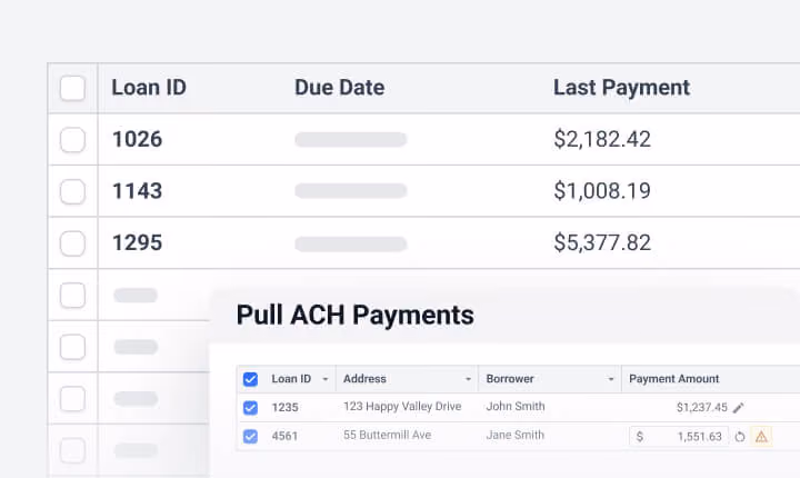 A dashboard view of loan payment records overlaid with a 'Pull ACH Payments' modal window, showing a checklist of borrowers selected for automated clearing house processing.