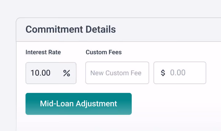 A user interface panel titled 'Commitment Details' with editable fields for interest rates and custom fees, positioned above a green 'Mid-Loan Adjustment' button.