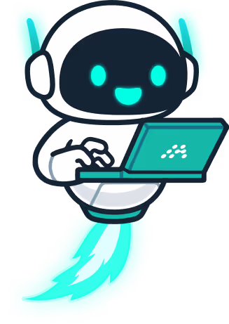 Cute mascot robot Morty typing on a laptop