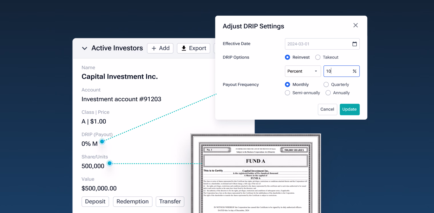 A digital interface showing an "Adjust DRIP Settings" modal window overlaid on an investor account details page with a certificate for 500,000 shares of Fund A visible below.
