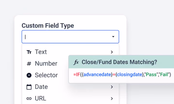 Dropdown menu showing custom field types like text, number, selector, date, URL, with Excel formula snippet.