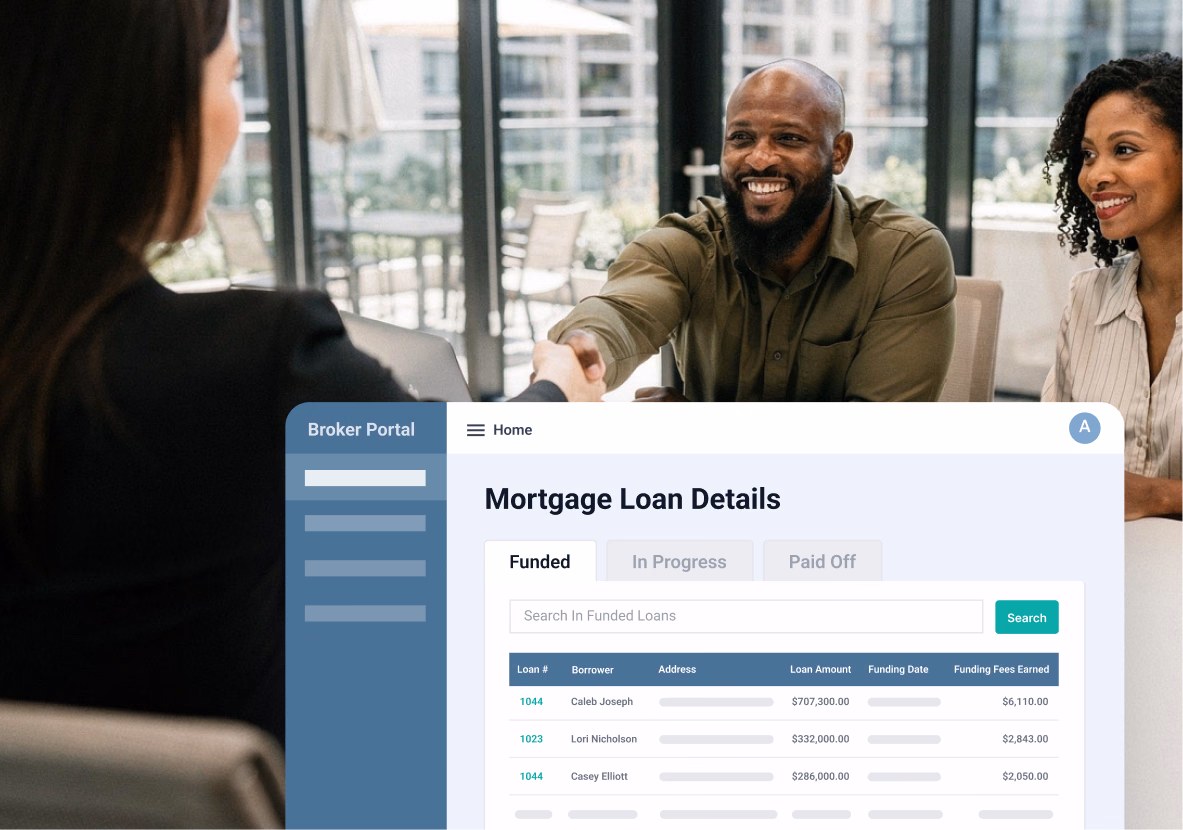  A modern business dashboard displaying a mortgage loan portal is overlaid on a professional office setting where a man and woman are shaking hands.