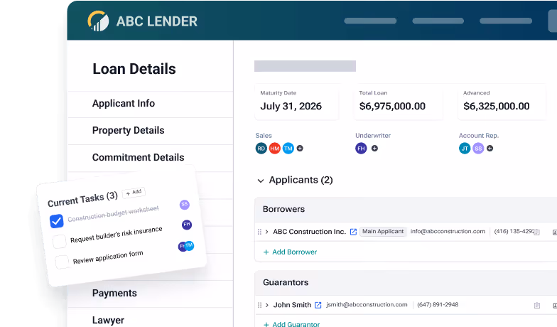 Loan details interface showing maturity date July 31, 2026, total loan amount $6,975,000, advanced amount $6,325,000, with sections for applicants, borrowers, and guarantors, and a task list including construction budget worksheet.