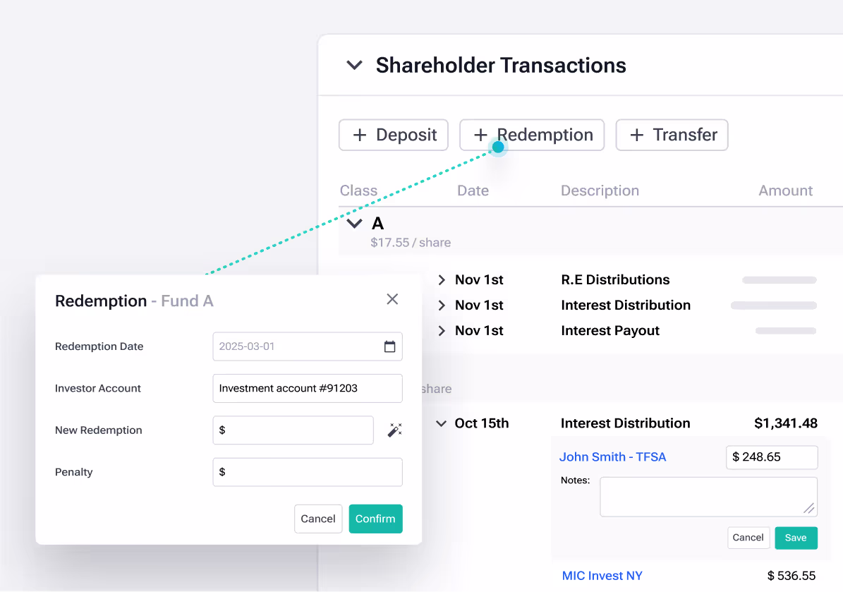Investment transaction dashboard displaying shareholder account management with options for deposits, redemptions, and transfers. A redemption request form for 'Fund A' allows investors to set redemption dates, account details, and penalties. The system supports accrued interest calculations and ensures accurate, compliant fund movements for investors and administrators.