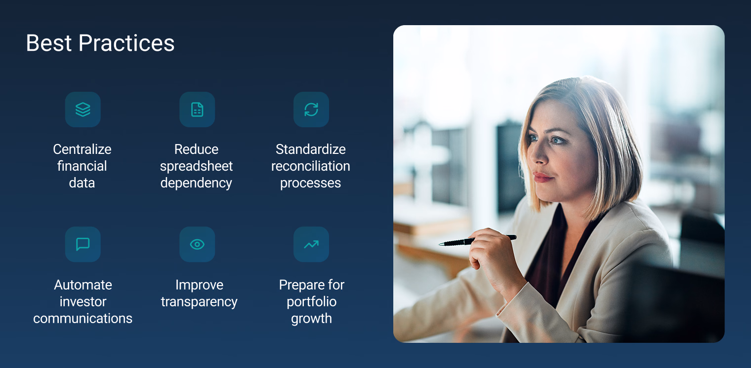 A list of six business best practices for financial management displayed next to an image of a professional woman holding a pen.