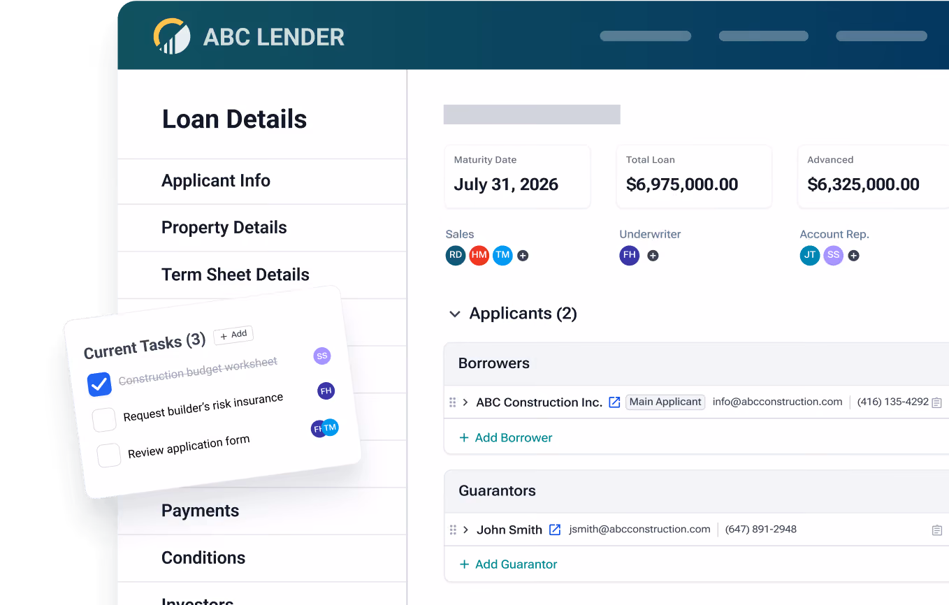 ABC Lender loan dashboard showing loan details, maturity date, total loan, borrowers, guarantors, and tasks list.