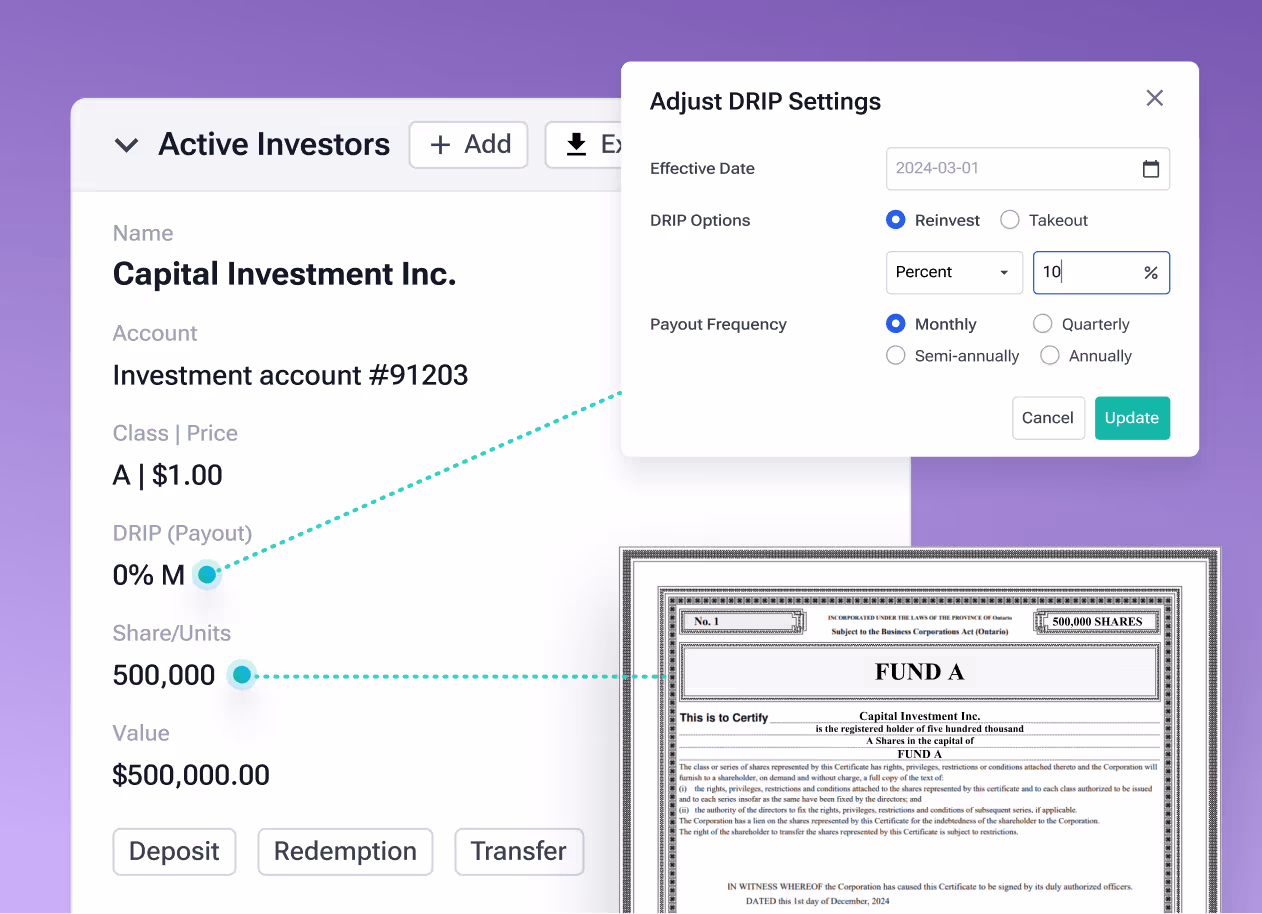 Investor relations dashboard displaying an active investment account with a DRIP (Dividend Reinvestment Plan) settings adjustment window. The interface allows investors to modify reinvestment percentages, select payout frequencies (monthly, quarterly, semi-annually, or annually), and manage deposits, redemptions, and transfers. Automated subscription agreements and trade confirmations streamline investor management.