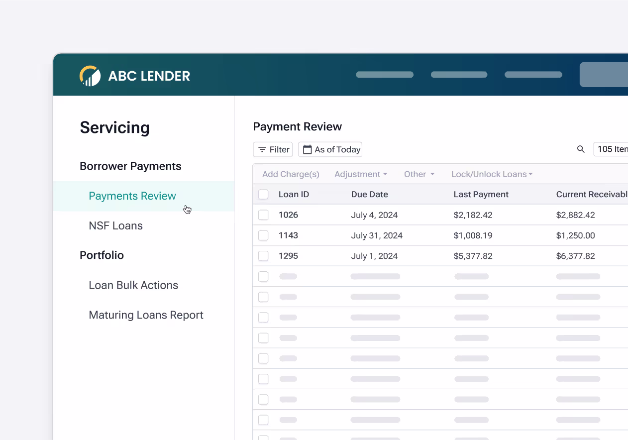 Loan servicing dashboard for 'ABC Lender' displaying a 'Payments Review' section. The interface shows borrower payment details, including loan ID, due date, last payment amount, and current receivables. Built-in financial reporting tools streamline payment processing, transaction tracking, and portfolio-secured credit line management