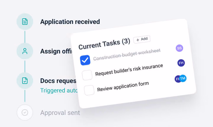 Workflow tasks list with one completed task and two pending tasks with assigned user initials.