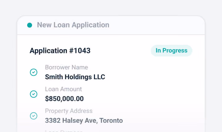 Loan application 1043 for Smith Holdings LLC with $850,000 amount, located at 3382 Halsey Ave, Toronto, in progress.