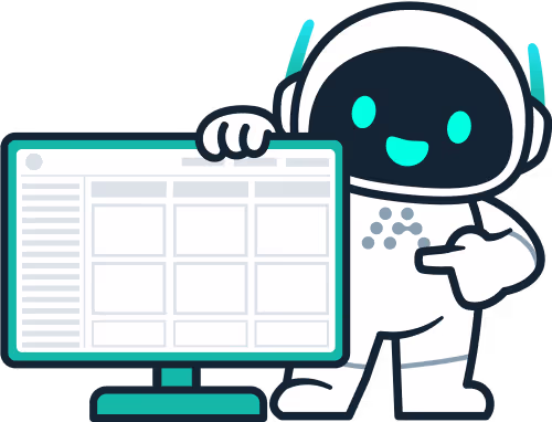 Cute mascot robot Morty pointing to the Mortgage Automator system on the computer