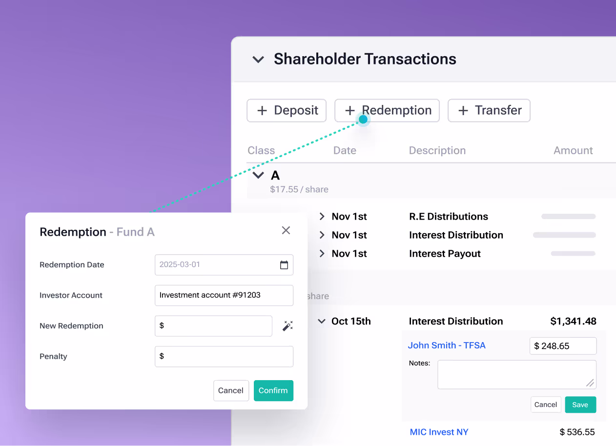 Investment transaction dashboard displaying shareholder account management with options for deposits, redemptions, and transfers. A redemption request form for 'Fund A' allows investors to set redemption dates, account details, and penalties. The system supports accrued interest calculations and ensures accurate, compliant fund movements for investors and administrators.